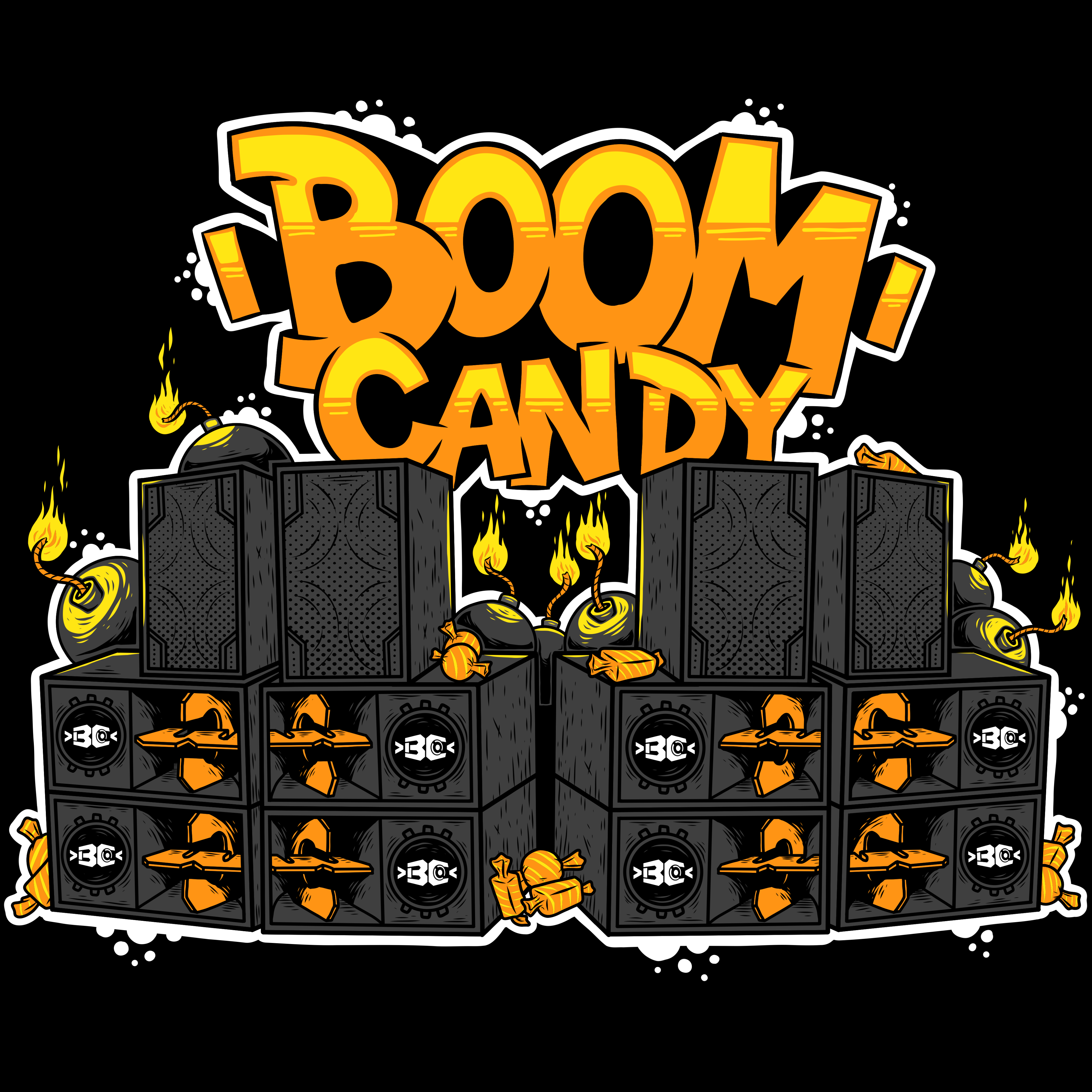 An illustration of the rig in black and yellow, with 'boom candy' written above it