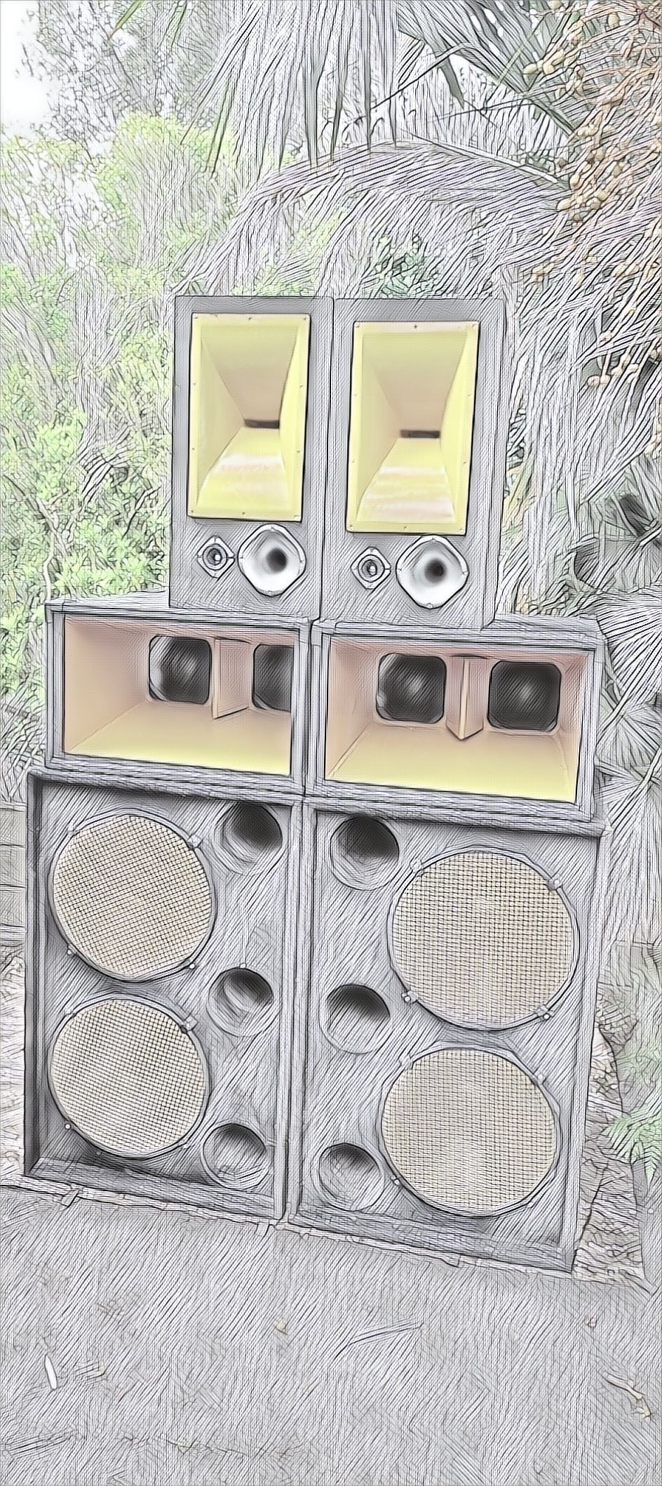 A sketch-style image of a speaker stack, with yellow inners to the tweeters and mids, and native bush in the background