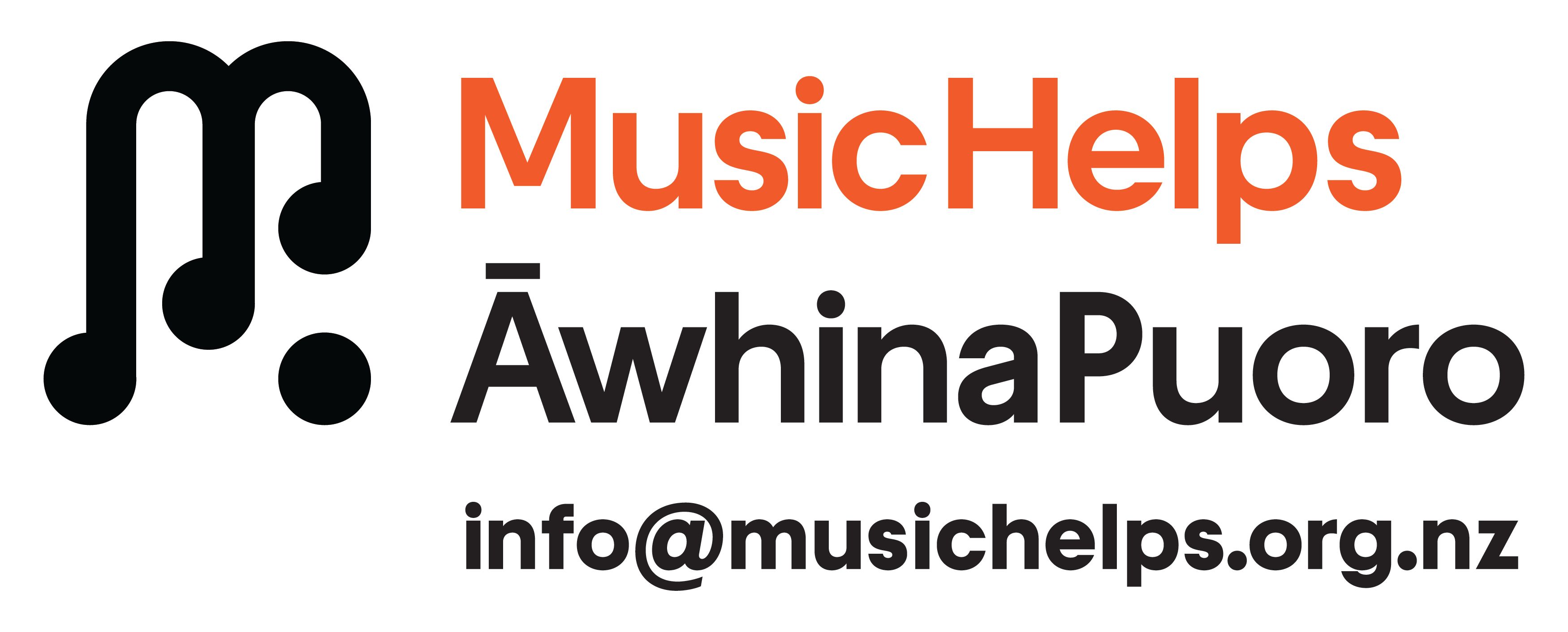 An text image, with Music Helps - ĀwhinaPuoro and their email address, info@musichelps.org.nz