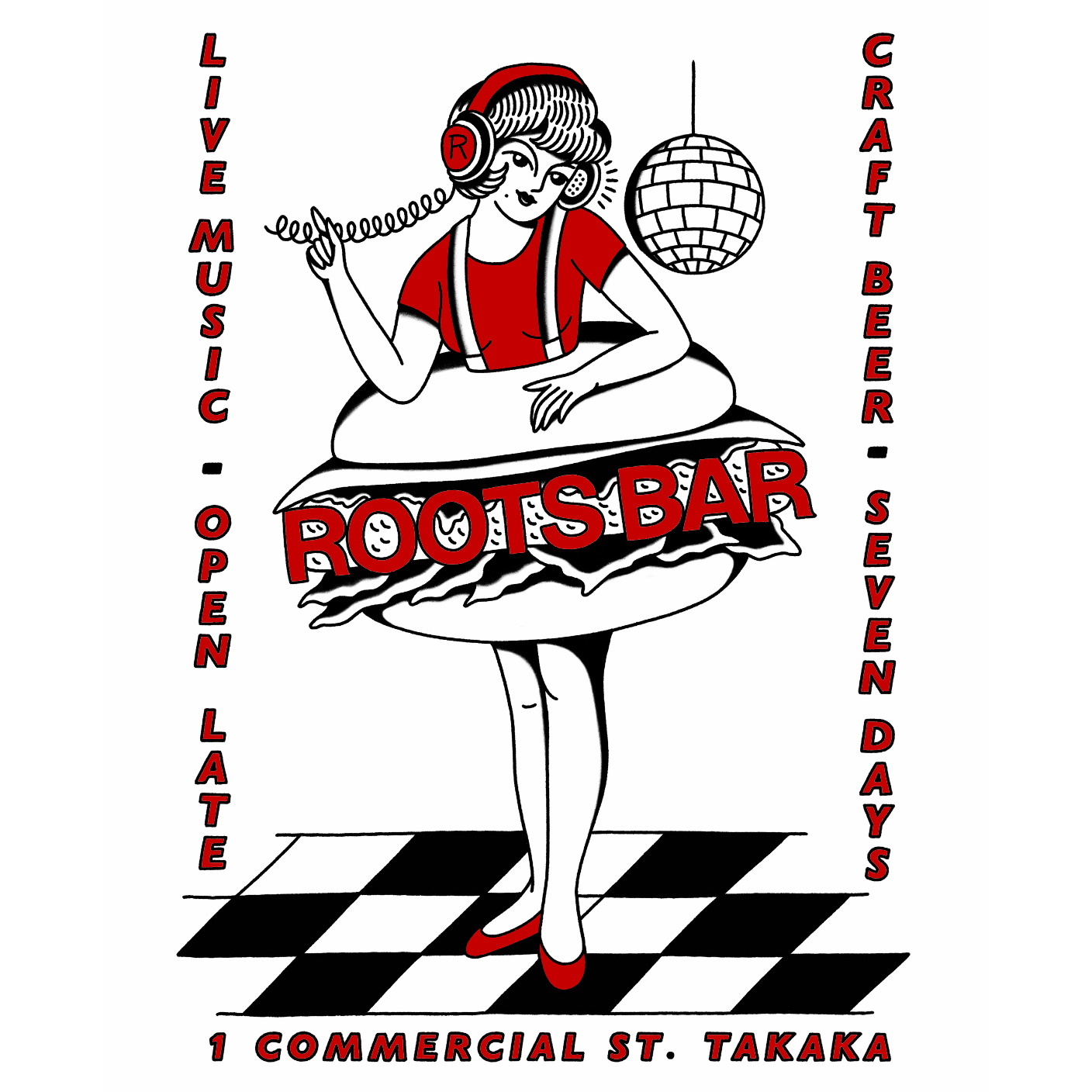 An illustration femme person in a burger suit on a checkboard dancefloor