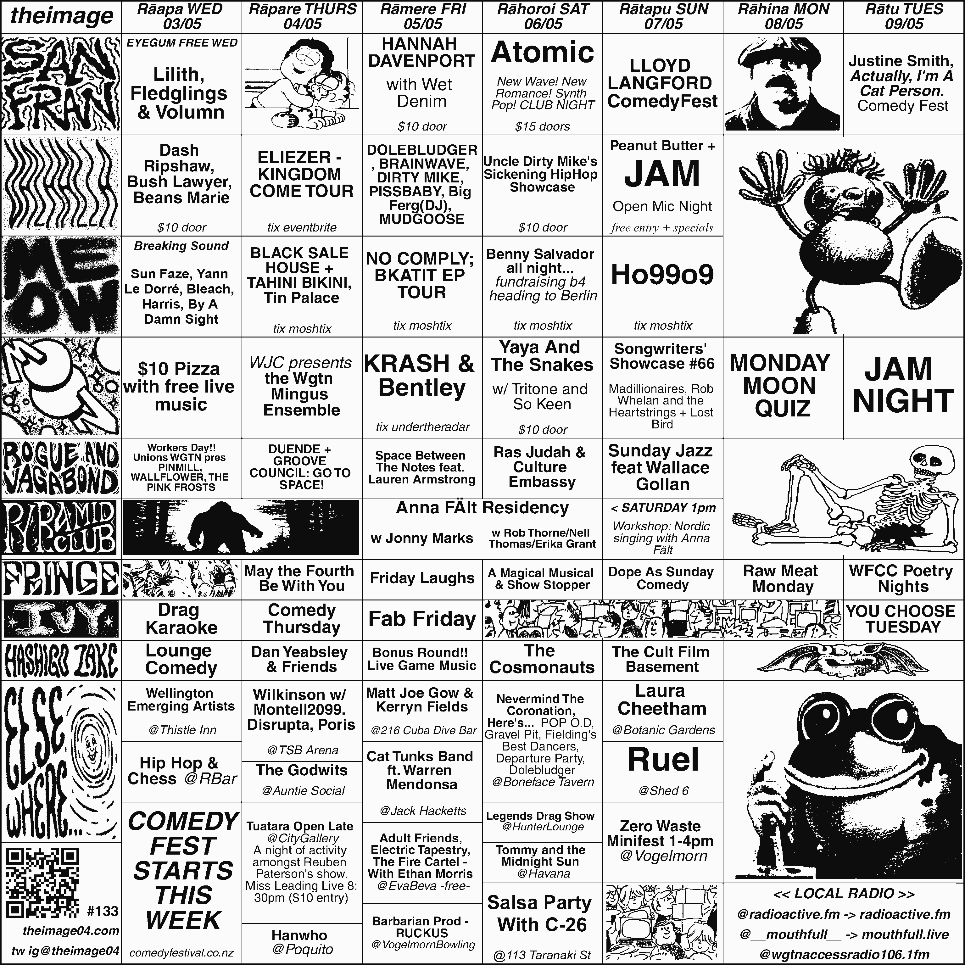 An example of a week&#39;s gig guide, with dates along the top and venues listed down the side. The details of each gig are interspersed with small sketches and images. 